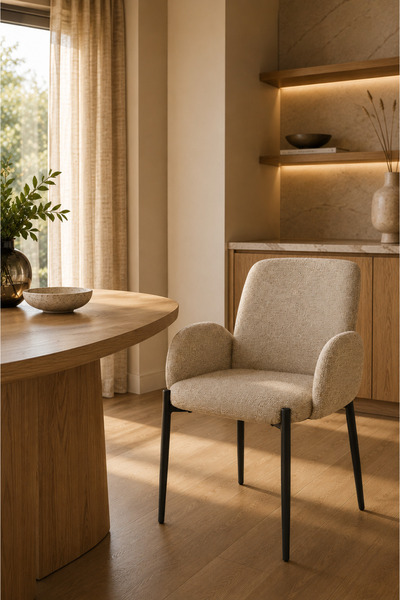 MARIA HOMES Modern Beige Upholstered Dining Chair with Black Metal Legs – Lux...