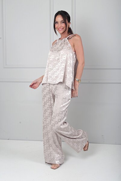 By Saygı Women's Thin Strap Blouse Elastic Waist Pocket Palazzo Pants Geometr...