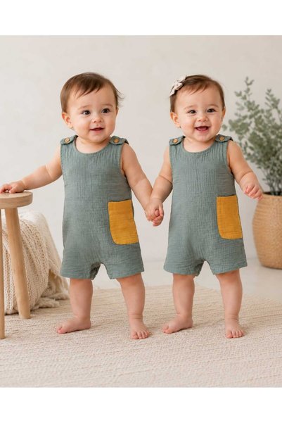 kidsense Baby Girl and Boy Muslin Fabric Shoulder Button Pocket Detailed Unisex Jumpsuit