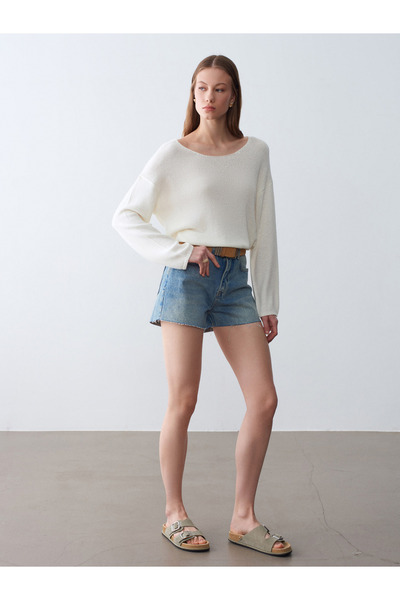 Dilvin 10706 Oval Collar Draped Sweater-White