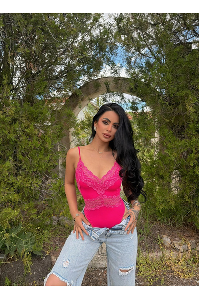 kırmızı butiks Pink Neon Laced Bodysuit