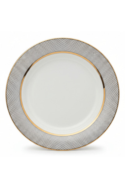 SHALLOW White Ceramic Dessert Plate with Gold Rim & Dotted Design — 8 Inch