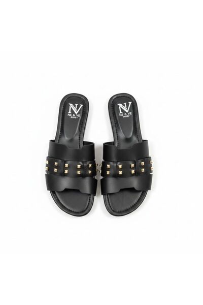 NE&VE SHOES شبشب نسائي من الجلد الأسود مع تفاصيل مزينة بالدبابيس