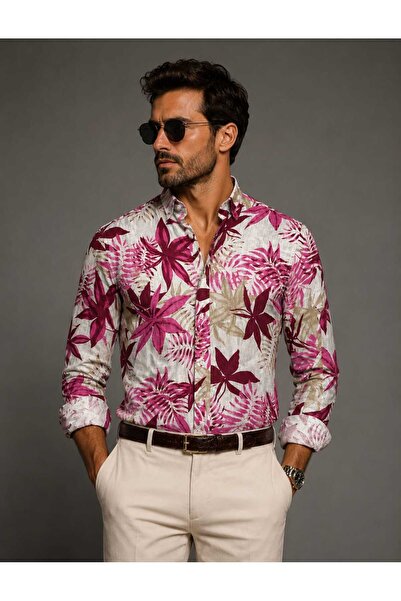 ANATOLIATEKSTILE Cămașă Bărbați din in Italian Premium Floral Luxury Summer S...