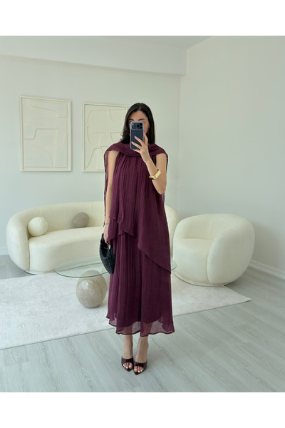 LUUNA STORE BORDO ŞALLI ELBİSE