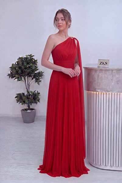 zks grup tekstil Women's One-Shoulder Cape Brooch Detailed Glittery Long Even...