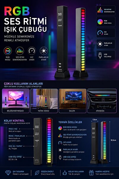 Tastech Sese Duyarlı Rgb Led Işık Ritim Işığı 32 Bit Göstergeli Araba/pc/tv/o...