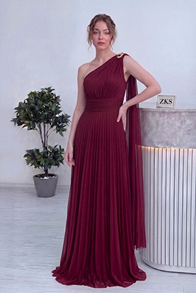 zks grup tekstil Women's One-Shoulder Cape Brooch Detailed Glittery Long Even...