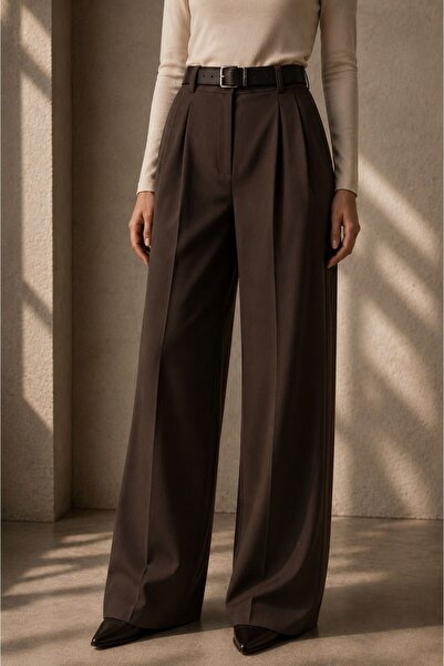 BM BALANCEMODA Ženske palazzo pantalone od likre sa pojasom, smeđe boje