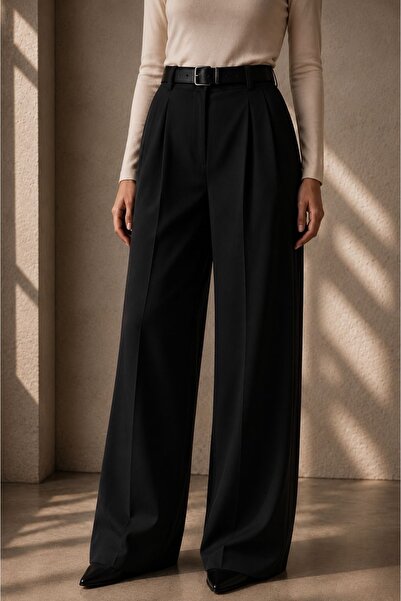 BM BALANCEMODA Ženske crne palazzo pantalone od likre sa pojasom