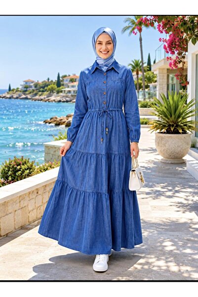 Hb Harma Time Butik Women's Buttoned, Pocketed, Lace-Up Tencel Fabric Dark Bl...