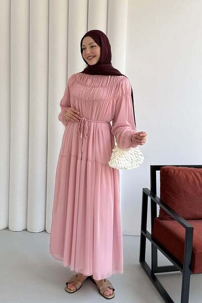 Modaensarbutik Büzgü Detaylı Oversize Şifon Tesettür Elbise-PEMBE