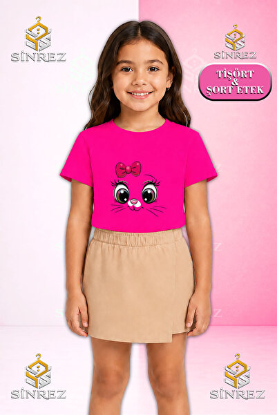SİNREZ Set pentru fete CAT EYE PMBE KURDALE Tricou cu mânecă scurtă imprimat ...
