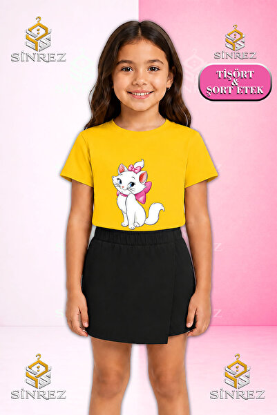 SİNREZ Set pentru fete KEDI KURDALELI YAN DURAN Tricou cu mânecă scurtă impri...