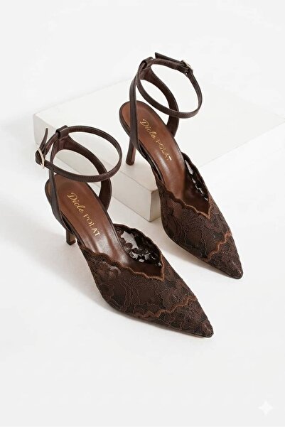 diclepolat Women's Brown Lace Embroidery Detail Ankle Strap Thin Heeled Women...