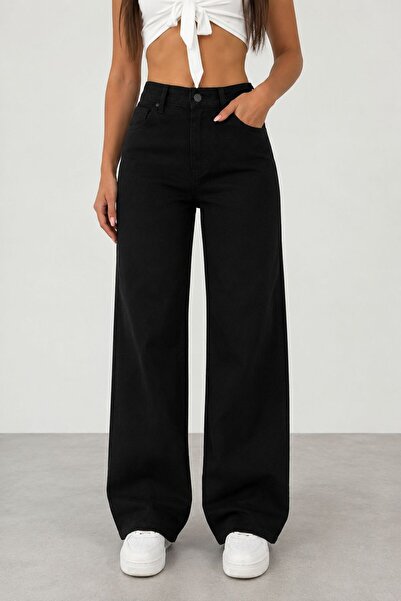 Lighter Jeans بنطلون جينز نسائي أسود مرن واسع الساق عالي الخصر ذو قصة مريحة م...