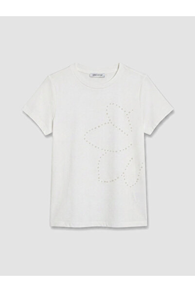 LC Waikiki Nevavm Women's T-Shirt with Oval Collar and Bead Embroidery