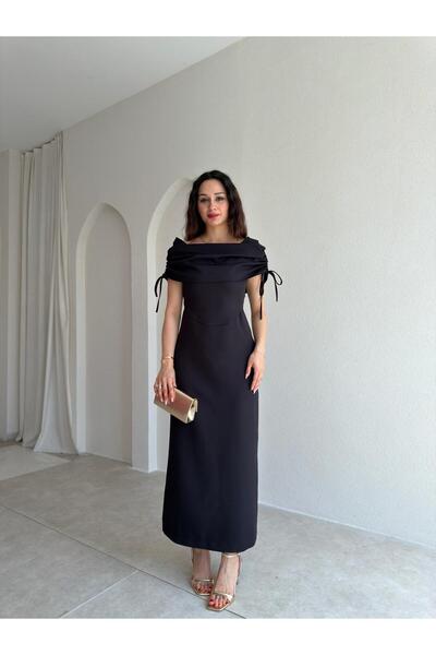 Mooi Butik PONZA Рокля миди с детайлна яка 4928 - Черен