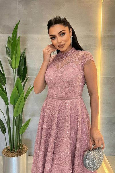 giyimmasalı Dantel Payet Kumaş Midi Elbise - PUDRA