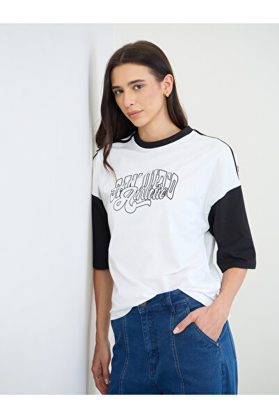 Styli White Oversized Color Block Printed T-Shirt