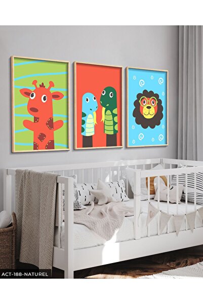 CeSht Animal Themed Children's Room 3 Piece Wooden Framed Painting Act