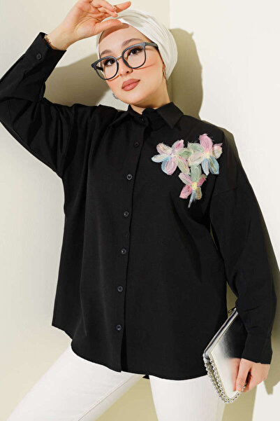 YAZGI MODA Yakası Tül Çiçekli Gömlek Siyah