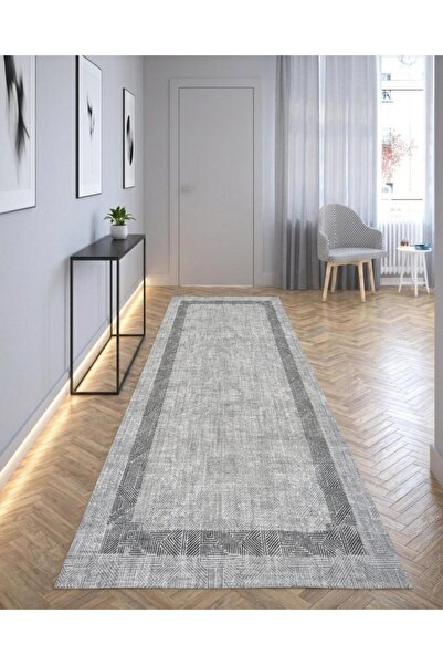 Bordo Halı Açık Gri Antrasit Geometrik Desenli Kaymaz Keçe Taban Yolluk Halı ...