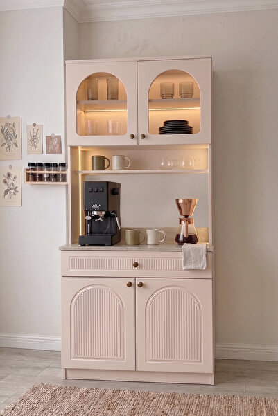 Eymense Hera Kahve Köşesi %100 MDF Mutfak Dolabı Camlı Çok Amaçlı Dolap Sensö...