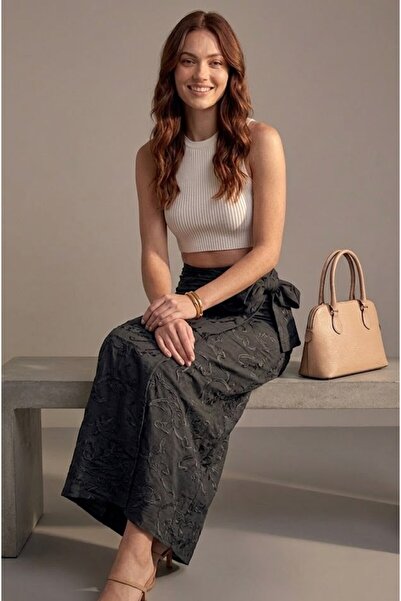salome butik BELİ BAGLAMA DETAYLI DESENLİ KETEN ETEK