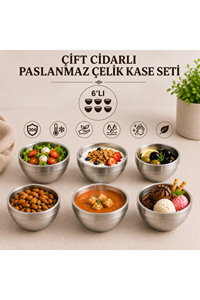 ARVALE 6 Adet Çift Cidarlı Paslanmaz Çelik Isı Yalıtımlı Şık Sunum Kasesi