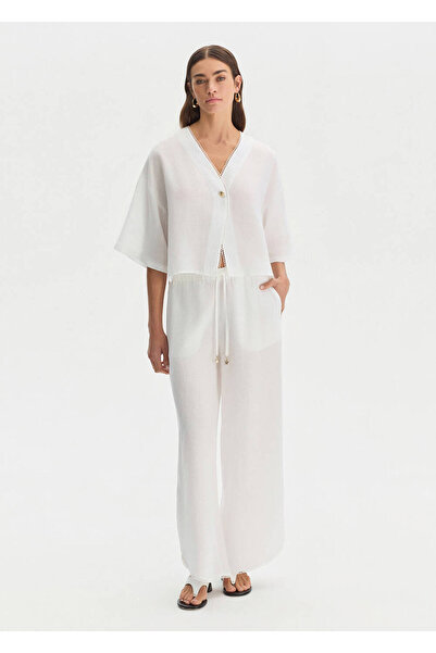 Knitss White Slit Detailed Linen Trousers