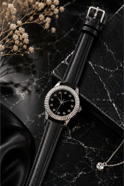 Eylemboutique Women's Black Cord Stone Detailed Wristwatch – Stylish and Mini...