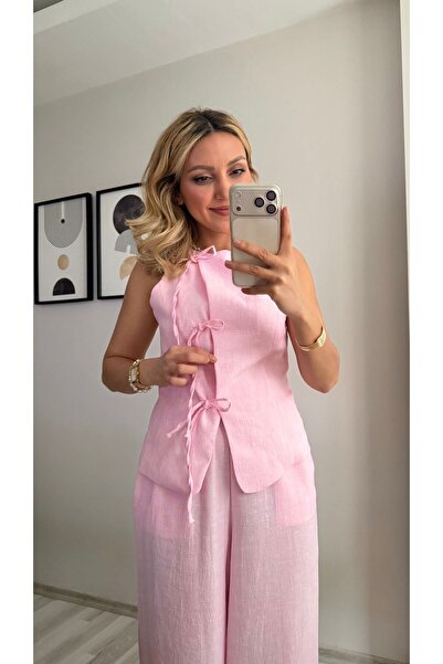 İNVİSUS Set de pantaloni și vestă căptușită, cu legătură frontală, din in