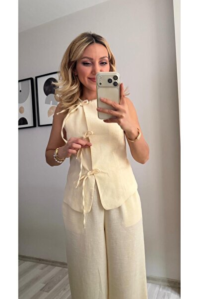 İNVİSUS Set de pantaloni și vestă căptușită, cu legătură frontală, din in