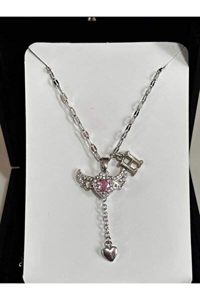 bijoux uniques çelik pembe kalpli melek kanadı H harfli kolye
