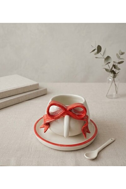Agartceramic Kırmızı fiyonklu el yapımı kahve fincanı