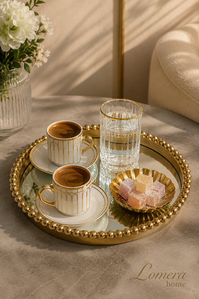 Lomera Home Aynalı Gold Boncuk Detaylı Dekoratif Kahve Sunum Tepsisi – Şık ve...