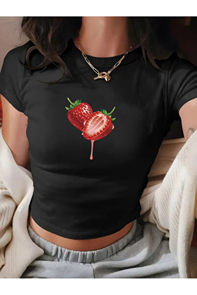 NEVERMİND Women's Crop Baby Tee Strawberry Printed Slim Fit 100% Cotton Y2K A...