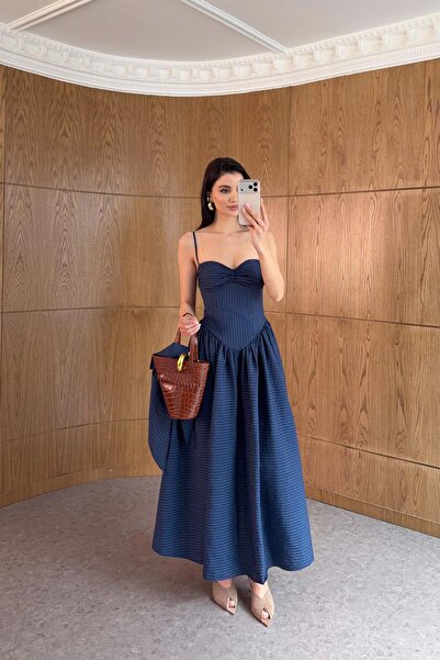 HAZELANNA Corset Form Striped Navy Blue Strap Dress