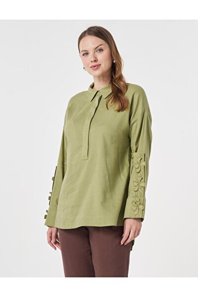 KYR Patı Gizli Linen Viscose Tunic Matcha Green