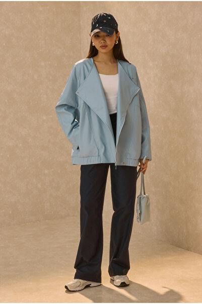 HE-QA Asymmetrical Cut Leather Jacket Baby Blue