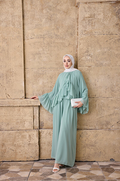 LOCCO Women's Pleated Detail Chiffon Suit with Trousers Mint Green