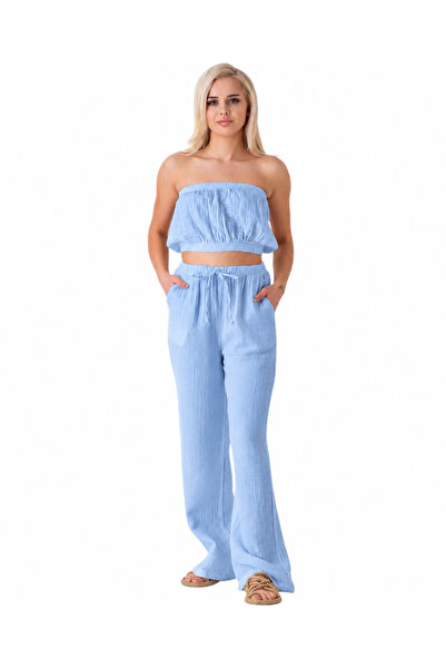 Fashion Showcase Müslin %100 Doğal Pamuk Beli Lastikli Bol Paça Pantolon Bebe...