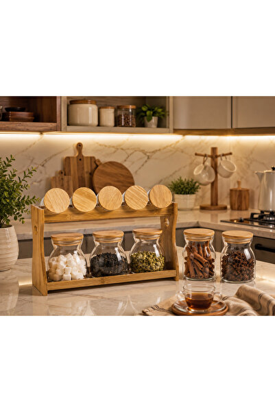 Dania ✨ طقم علب السكر والشاي والبهارات الزجاجي مع ستاند خشبي – 8 قطع بتنظيم أ...