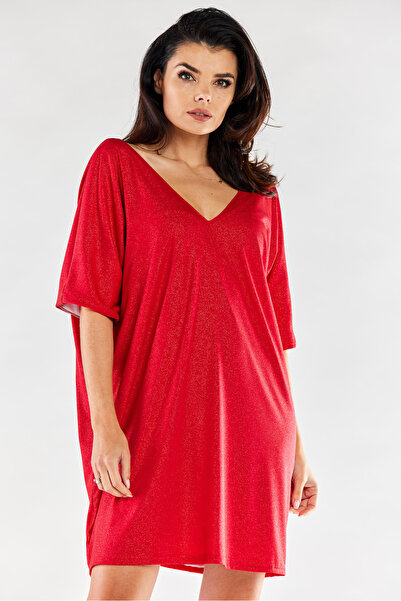 Awama Casual dress with V-neck, Awama, Polyester, Red, OneSize