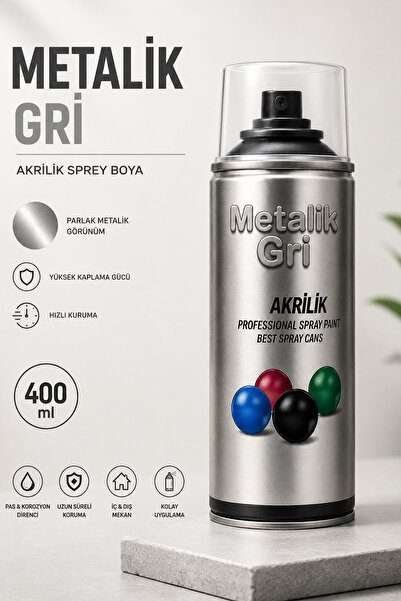Badem10 Akrilik Sprey Boya Metalik Gri 400 ML Hızlı Kuruyan Parlak Yüzey Ahşa...