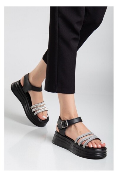 BellAyakkabı Bellamor Women's Black Stone Thick-Soled Sandals