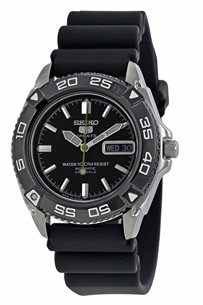 Seiko 5 ساعة رياضية رجالية بمينا أسود وحزام مطاطي أوتوماتيكية تناظرية - SNZB23J2