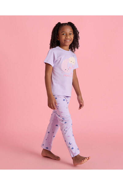 REDTAG Girls Lilac Cloud Placement Print Pyjama Set
