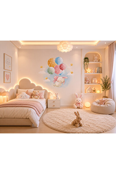Tatlı Süprizler Folyo Baskı Duvar Sticer - Çocuk Odası Tavşan Balon Temalı 60...